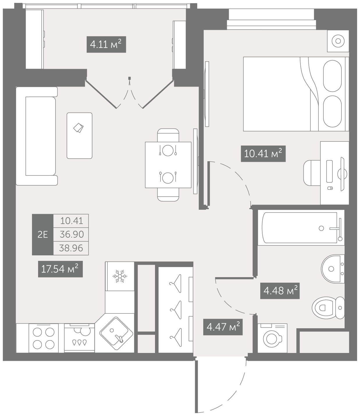 Планировка 2-евро, 36,9 м²