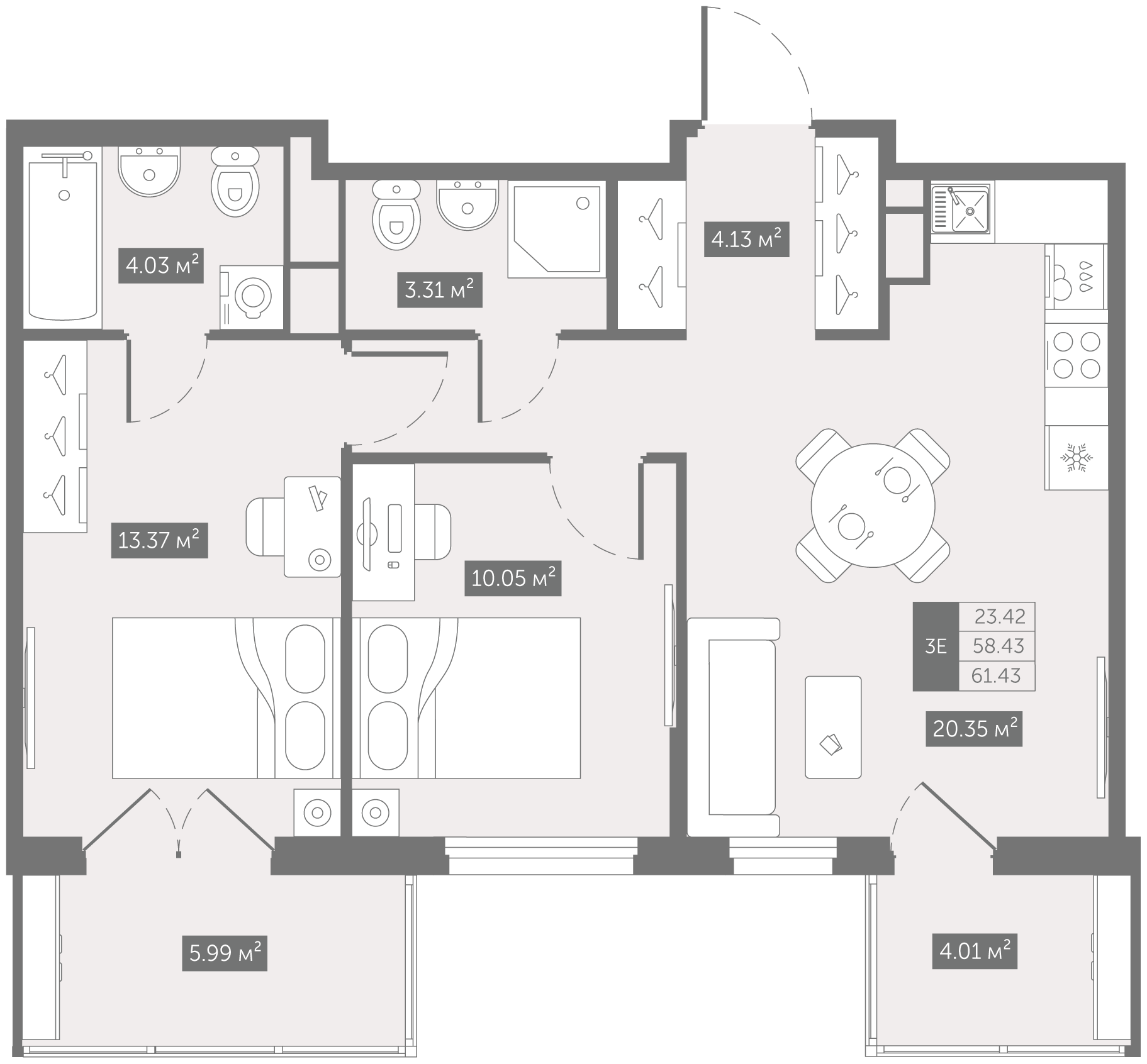 Планировка 3-евро, 58,43 м²