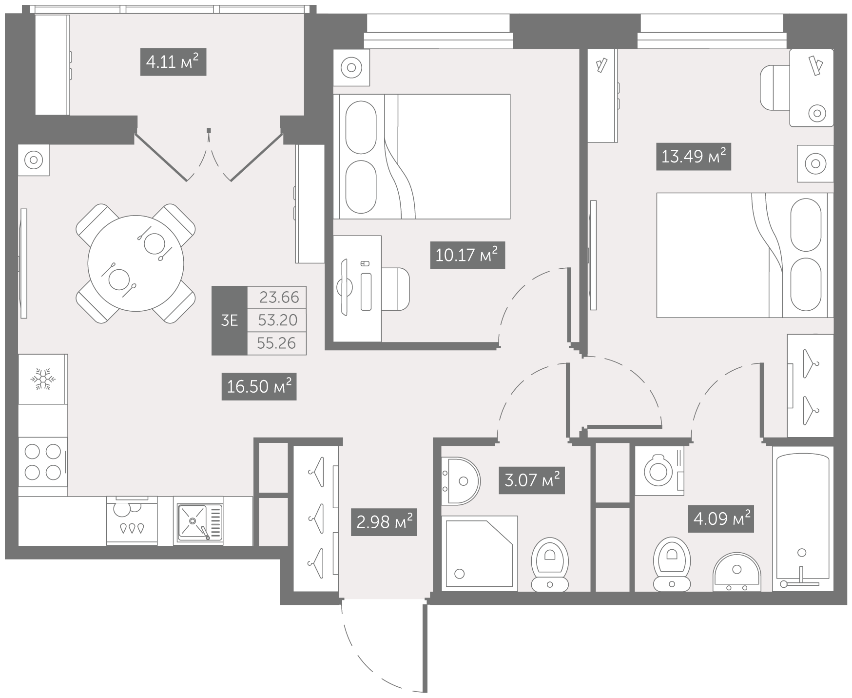 Планировка 3-евро, 53,2 м²