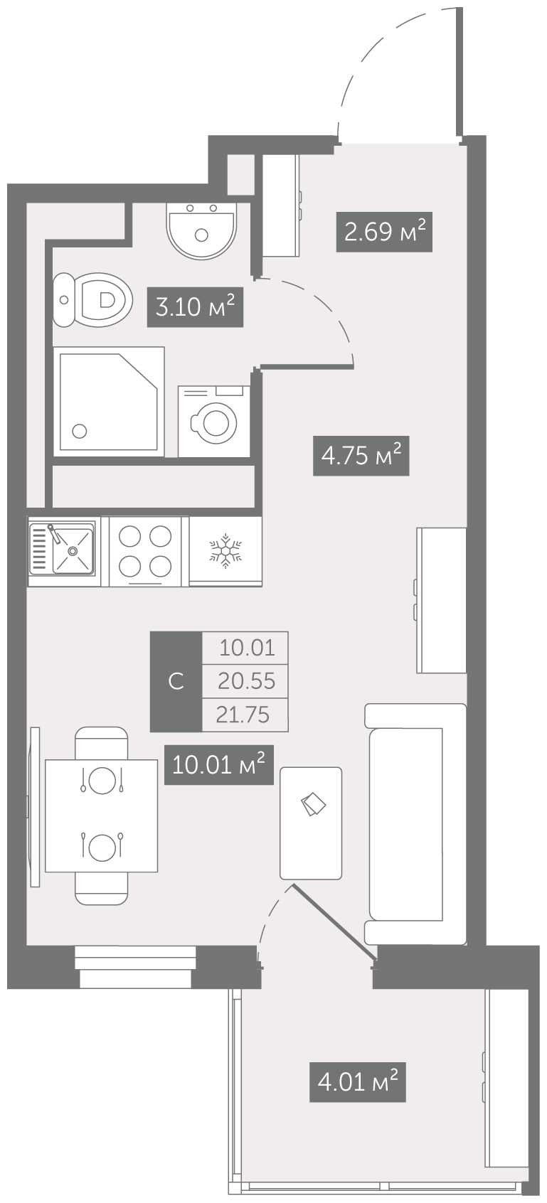 Планировка Студия, 20,55 м²