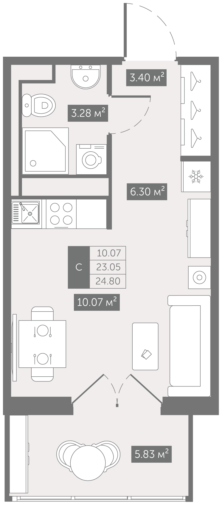 Планировка Студия, 23,05 м²